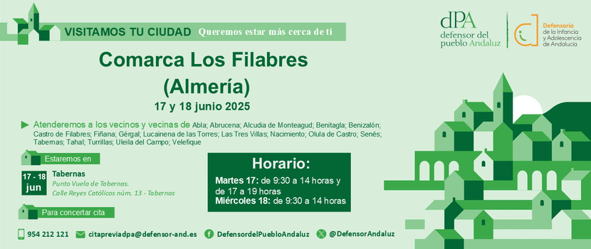 La Oficina de Información y Atención Ciudadana (OIAC) del Defensor del Pueblo Andaluz se desplaza el 17 y18 de junio a la Comarca de los Filabres de Almería La Oficina de Información y Atención Ciudadana (OIAC) del Defensor del Pueblo Andaluz se desplaza el 17 y18 de junio a la Comarca de los Filabres de Almería