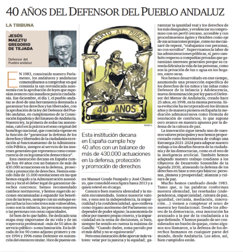 40 años del Defensor del Pueblo andaluz. Artículo de Opinión.