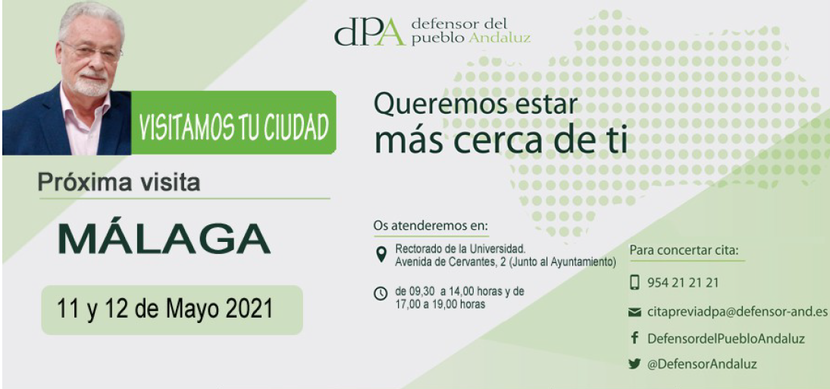 La Oficina de Atención ciudadana del Defensor se desplaza a la comarca de Antequera y a Málaga los días 10, 11 y 12 de mayo 