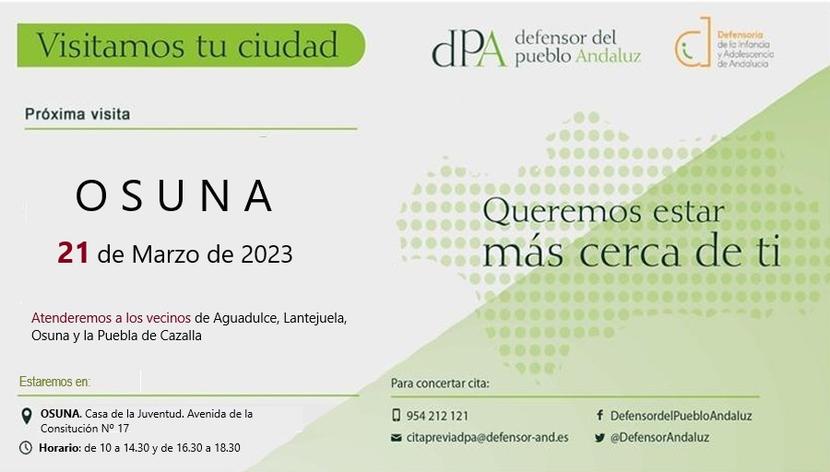 Nos desplazamos a Osuna el 21 de marzo para la atención presencial a la ciudadanía Nos desplazamos a Osuna el 21 de marzo para la atención presencial a la ciudadanía